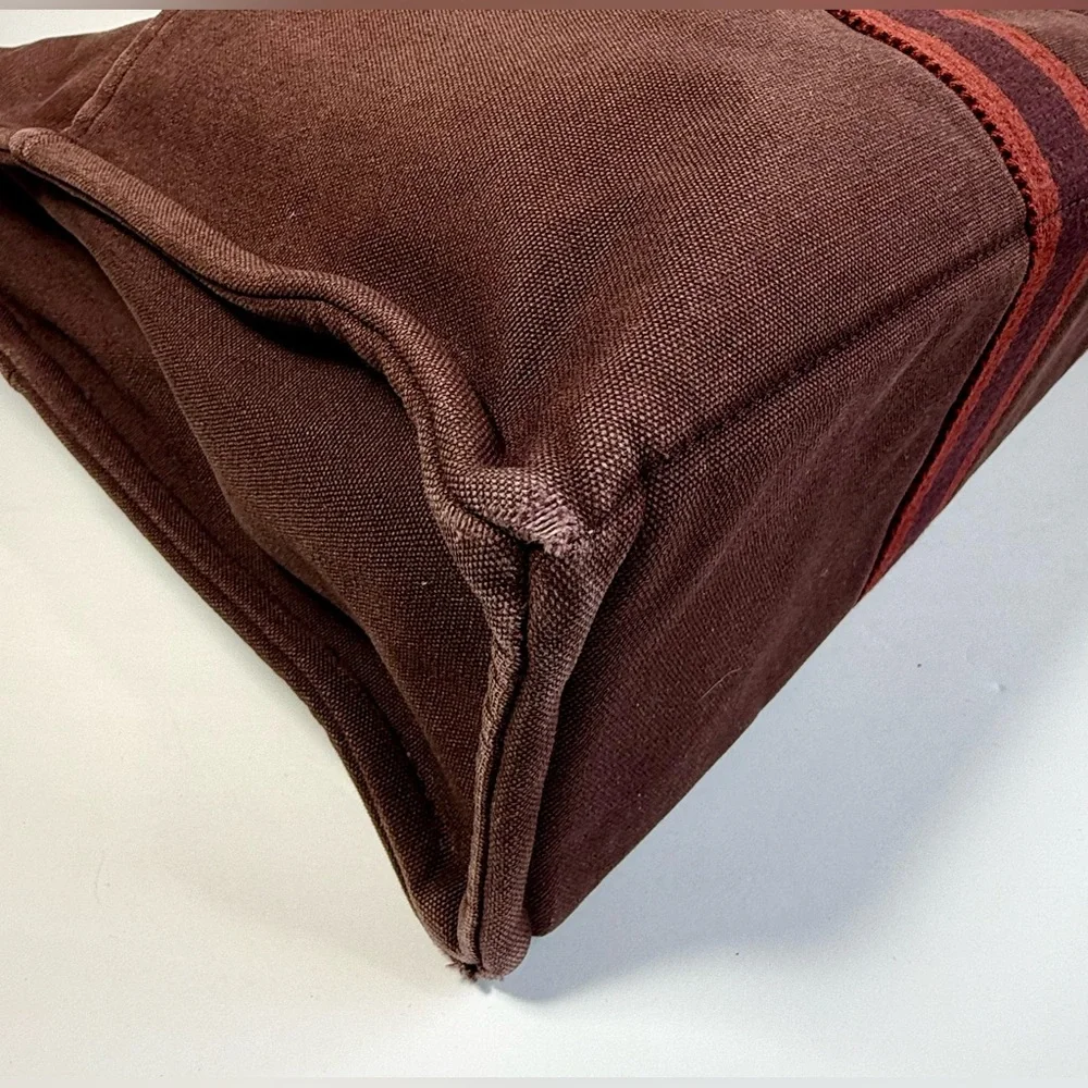 Hermes Brown Canvas Tote with Red and Burgundy Straps